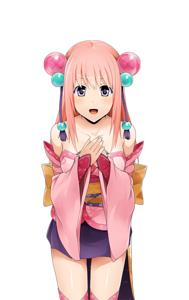 Anime picture 644x1024 with onigiri (mmorpg) shizuka (onigiri) single long hair tall image open mouth purple eyes bare shoulders pink hair traditional clothes japanese clothes transparent background girl hair ornament detached sleeves kimono obi hair tie hair bobbles