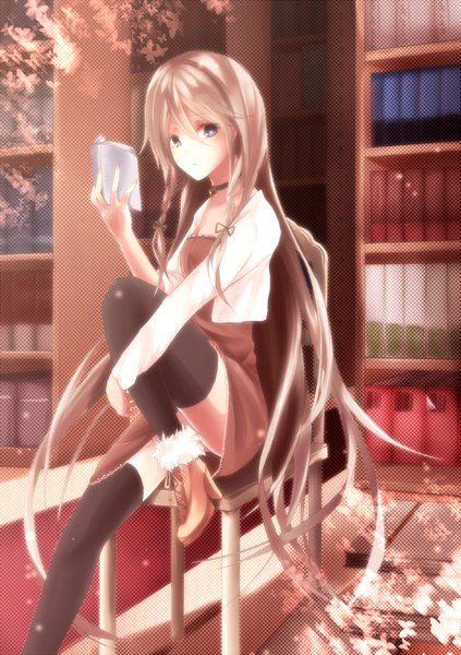 Anime picture 1270x1800 with vocaloid ia (vocaloid) sakiryo kanna single tall image looking at viewer fringe sitting purple eyes holding braid (braids) very long hair high heels alternate costume twin braids lacing girl thighhighs bow ribbon (ribbons)