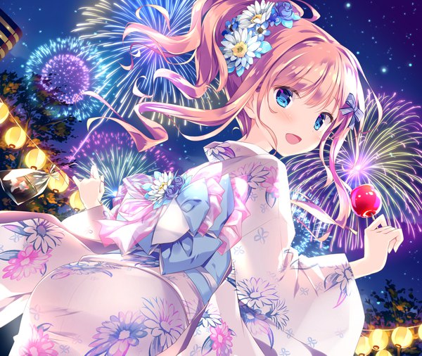 Anime picture 1920x1621 with original date situation zukan saijo melia kimishima ao single long hair looking at viewer blush highres open mouth blue eyes brown hair traditional clothes japanese clothes hair flower night wide sleeves floral print fireworks girl