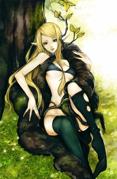 Anime picture 800x1227 with original ishizue kachiru single long hair tall image looking at viewer breasts light erotic blonde hair pointy ears grey eyes underboob elf reclining girl thighhighs black thighhighs plant (plants) tree (trees) bikini top