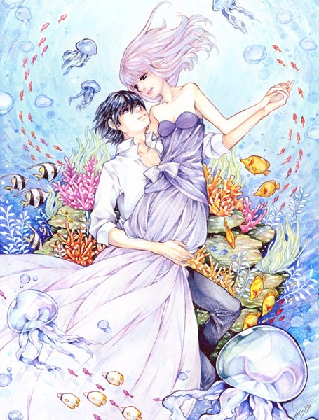 Anime picture 1200x1583 with original 29kiccyo long hair tall image fringe short hair blue eyes black hair purple eyes bare shoulders purple hair couple holding hands underwater eye contact girl dress boy shirt bubble (bubbles)