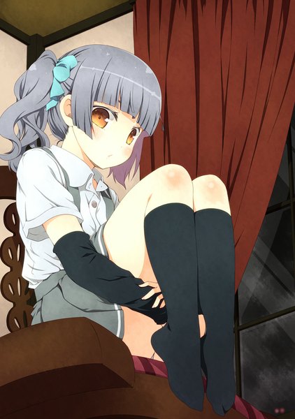 Anime picture 703x1000 with kantai collection kasumi destroyer kouji (campus life) single long hair tall image looking at viewer sitting brown eyes grey hair side ponytail girl skirt bow hair bow socks window black socks curtains