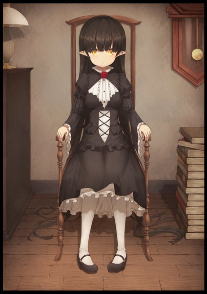 Anime picture 707x1000 with original heijialan single tall image looking at viewer fringe black hair sitting yellow eyes full body indoors blunt bangs very long hair loli puffy sleeves border frilled dress expressionless lolita fashion goth-loli