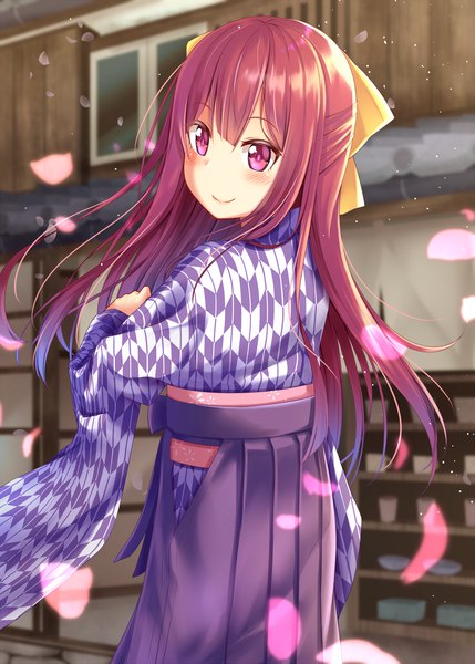 Anime-Bild 1300x1818 mit kantai collection kamikaze destroyer gurande (g-size) single long hair tall image looking at viewer blush fringe smile brown hair standing outdoors long sleeves traditional clothes japanese clothes pink eyes looking back arm up from behind