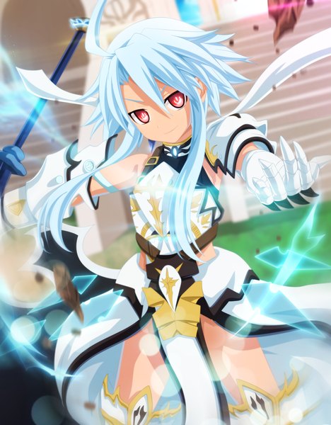 Anime picture 2340x3000 with choujigen game neptune white heart tremblax single long hair tall image highres smile red eyes ahoge white hair coloring magic girl weapon armor stairs axe