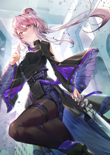 Anime picture 707x1000 with arknights lin yuhsia (arknights) mizurapi single long hair tall image fringe hair between eyes standing purple eyes animal ears pink hair bent knee (knees) wide sleeves from below standing on one leg playing with hair mouse ears hair twirling girl