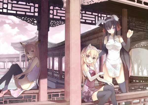 Anime picture 1600x1131 with original spirtie long hair blush black hair blonde hair purple eyes multiple girls brown eyes animal ears pink eyes bunny ears chinese clothes architecture east asian architecture girl thighhighs black thighhighs detached sleeves 3 girls