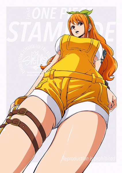 Anime picture 1448x2048 with one piece one piece: stampede toei animation nami (one piece) sherumaru (korcht06) single long hair tall image fringe breasts open mouth light erotic simple background hair between eyes large breasts standing brown eyes signed payot looking away