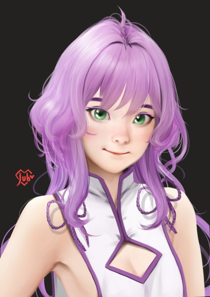 Anime picture 1920x2716 with original isabelle (acerailgun) jubi (regiana) single long hair tall image looking at viewer highres simple background smile green eyes signed purple hair sleeveless dark background cleavage cutout girl