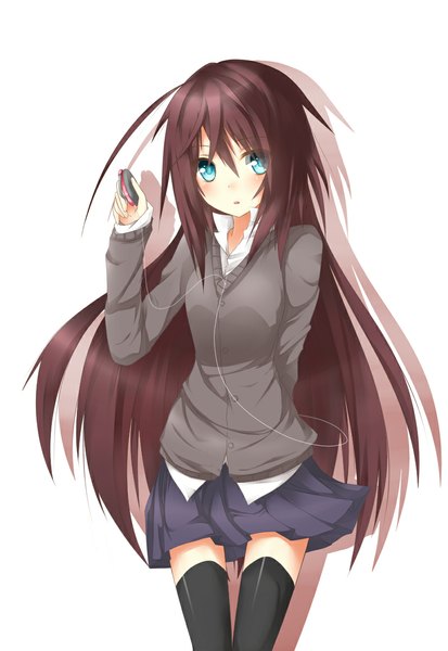 Anime picture 800x1160 with original chabaneko single long hair tall image looking at viewer blush blue eyes simple background brown hair white background zettai ryouiki girl thighhighs skirt black thighhighs headphones