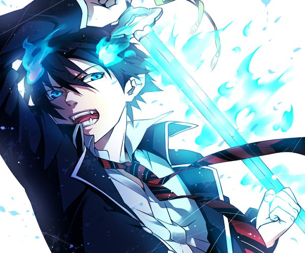 Anime picture 1024x850 with ao no exorcist a-1 pictures okumura rin tayuya1130 single short hair open mouth blue eyes black hair pointy ears teeth fang (fangs) boy sword necktie