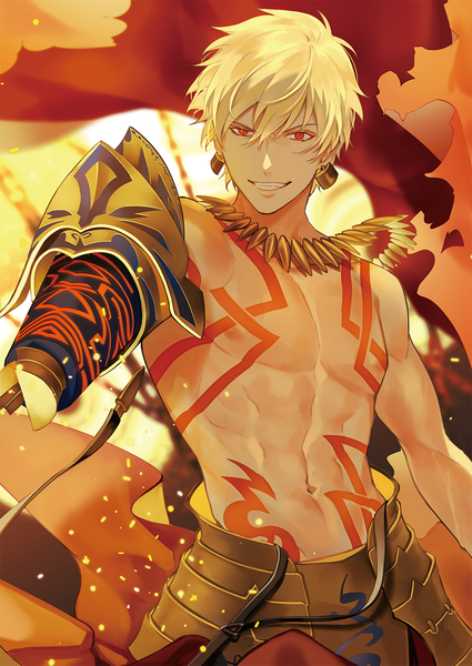 Anime picture 1003x1416 with fate (series) fate/grand order fate/stay night fate/zero gilgamesh (fate) takashi (huzakenna) single tall image fringe short hair blonde hair smile hair between eyes red eyes looking away tattoo grin topless muscle abs