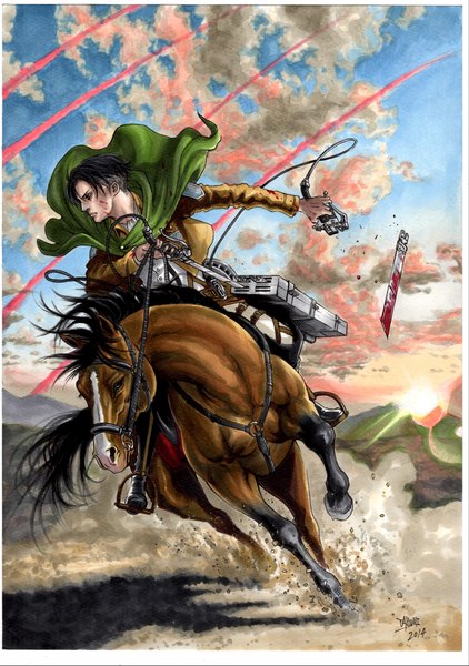Anime picture 3011x4277 with shingeki no kyojin production i.g levi (rivaille) marlboro (artist) single tall image highres short hair signed looking away absurdres sky cloud (clouds) profile battle riding boy weapon animal sword