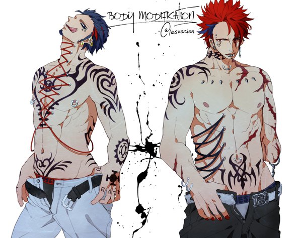 Anime picture 900x711 with one piece toei animation trafalgar law eustass kid lasvation short hair light erotic simple background white background signed blue hair red hair nail polish multicolored hair two-tone hair multiple boys tattoo streaked hair twitter username piercing