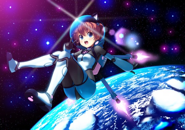 Anime picture 1600x1131 with original setsuo (chohonsoku) single blush short hair open mouth blue eyes brown hair space girl bodysuit planet earth