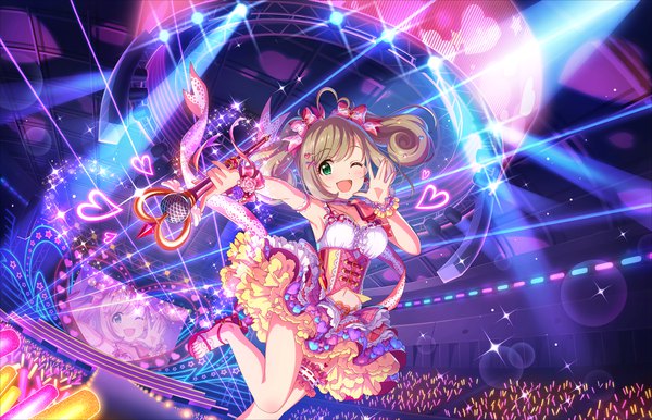 Anime picture 1280x824 with idolmaster idolmaster cinderella girls idolmaster cinderella girls starlight stage satou shin single long hair blush open mouth brown hair twintails green eyes one eye closed wink heart to heart girl dress bow hair bow microphone scene