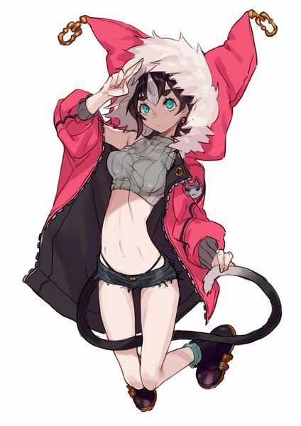 Anime picture 1200x1697 with original yuu (higashi no penguin) single tall image looking at viewer short hair breasts light erotic simple background brown hair white background animal ears full body bent knee (knees) white hair tail animal tail multicolored hair aqua eyes cat ears