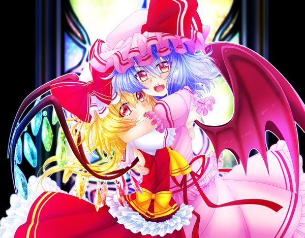 Anime picture 1269x993 with touhou flandre scarlet remilia scarlet baretto looking at viewer blush short hair open mouth blonde hair red eyes multiple girls blue hair teeth fang (fangs) hug girl dress bow 2 girls wings