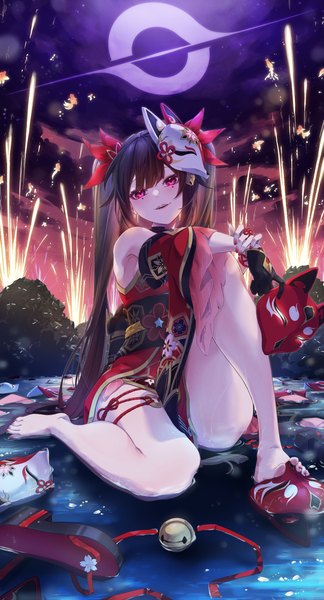 Anime picture 2212x4096 with honkai: star rail honkai (series) sparkle (honkai: star rail) taiju (gr09kuma) single long hair tall image looking at viewer fringe highres breasts open mouth light erotic black hair smile sitting twintails bare shoulders cloud (clouds) blunt bangs