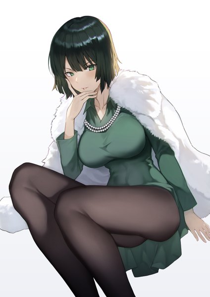 Anime picture 2475x3500 with one-punch man madhouse fubuki (one-punch man) yykuaixian single tall image looking at viewer blush fringe highres short hair breasts light erotic simple background hair between eyes large breasts white background green eyes bent knee (knees) long sleeves