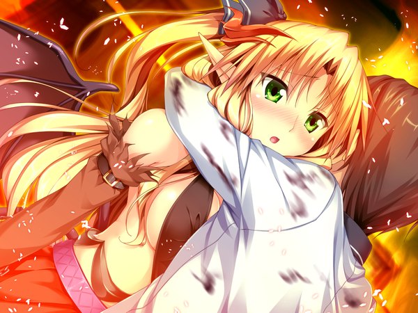 Anime picture 1024x768 with erect! tiana gill lilistia piromizu long hair blush light erotic blonde hair green eyes game cg horn (horns) pointy ears girl wings fire