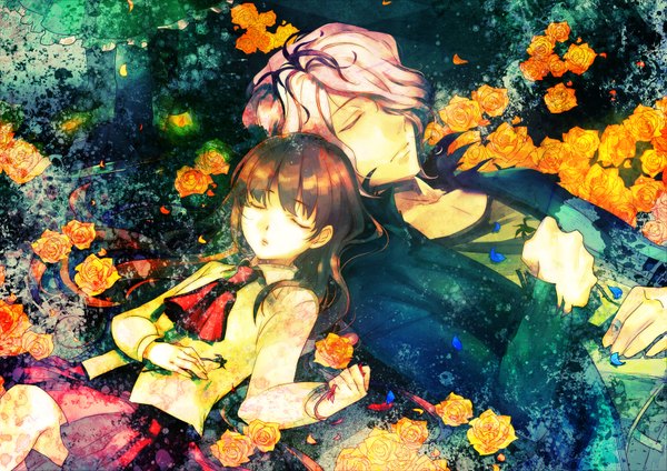 Anime picture 1695x1200 with ib (game) garry (ib) ib (ib) long hair fringe short hair brown hair purple hair lying eyes closed hair over one eye couple girl boy flower (flowers) shirt petals rose (roses)