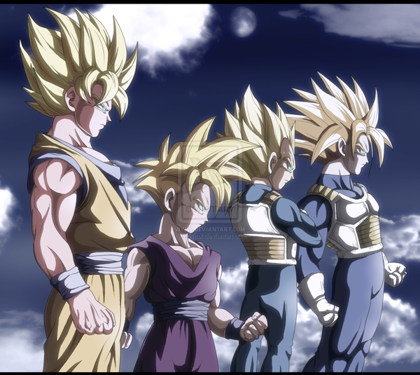 Anime picture 1280x1143 with dragon ball z son goku vegeta son gohan trunks (dragon ball) blonde hair green eyes cloud (clouds) multiple boys muscle boy gloves bodysuit