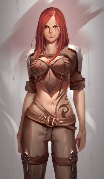 Anime picture 501x854 with league of legends katarina (league of legends) sinceillust single long hair tall image looking at viewer breasts large breasts brown eyes red hair bare belly midriff tattoo girl navel clothes