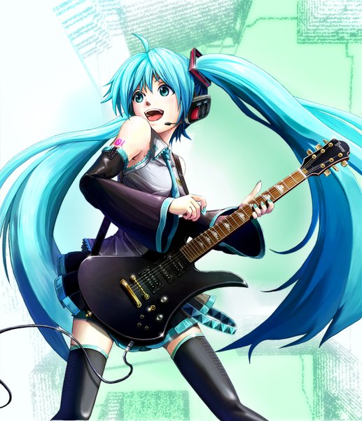 Anime picture 1338x1554 with vocaloid hatsune miku single long hair tall image open mouth twintails ahoge aqua eyes aqua hair girl thighhighs black thighhighs detached sleeves necktie musical instrument guitar