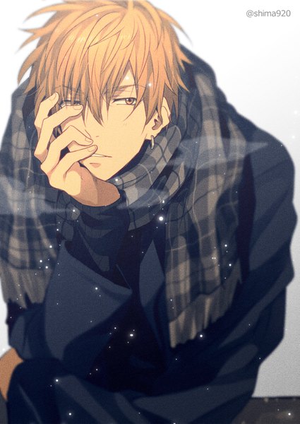 Anime picture 600x847 with kuroko no basket production i.g kise ryouta mashima shima single tall image fringe short hair simple background blonde hair hair between eyes signed yellow eyes looking away piercing ear piercing exhalation hand on face boy scarf