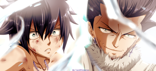 イラスト 1400x643 と フェアリーテイル gray fullbuster silver (fairy tail) enara123 短い髪 黒髪 笑顔 wide image 緑の目 multiple boys coloring light close-up smoke manga 男性 耳飾り 毛 血 2人の少年