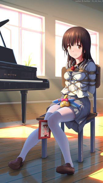 Anime picture 1080x1920 with original tokinohimitsu single long hair tall image looking at viewer blush fringe light erotic brown hair sitting brown eyes signed full body indoors pleated skirt sunlight no shoes hands behind back bondage