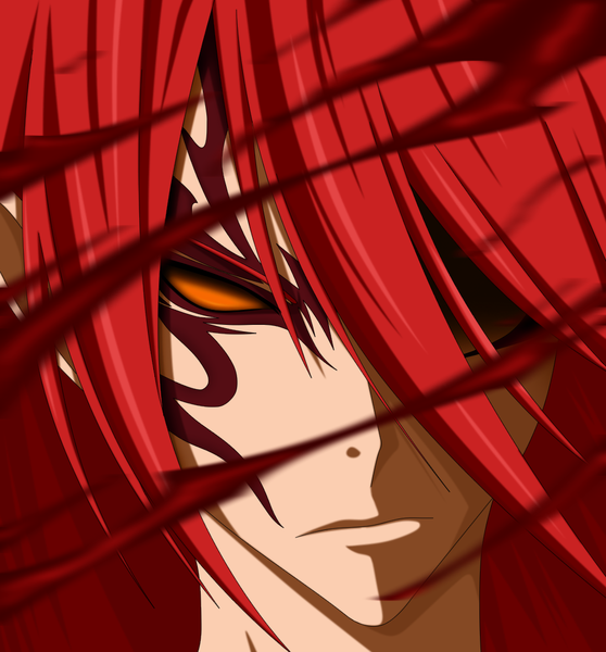 Anime picture 1000x1076 with blood soul red (blood soul) flowerinhell single long hair tall image red hair orange eyes tattoo close-up face boy blood
