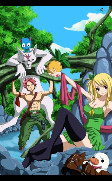 Anime picture 1600x2584 with fairy tail lucy heartfilia natsu dragneel happy (fairy tail) plue lworldchiefl long hair tall image short hair open mouth blonde hair smile brown eyes pink hair sky cloud (clouds) ponytail black eyes armpit (armpits) tattoo