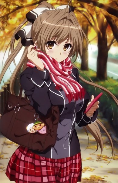 Anime picture 2258x3478 with amagi brilliant park kyoto animation sento isuzu moffle (amaburi) single long hair tall image blush highres brown hair brown eyes absurdres ponytail scan official art hand on headphones girl uniform plant (plants) school uniform