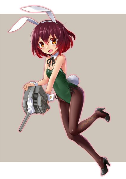 Anime picture 566x800 with kantai collection mutsuki destroyer katahira masashi single tall image looking at viewer blush short hair open mouth light erotic simple background bare shoulders holding animal ears red hair tail animal tail orange eyes high heels bunny ears