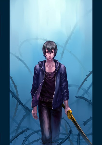 Anime picture 1000x1414 with daomu (grave robbery note) kylin zhang yoku (liuyc) single tall image short hair black hair black eyes boy weapon sword jacket thorns