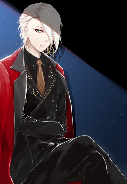 Anime picture 3000x4333 with fate (series) fate/grand order karna (fate) slime (user jpds8754) single tall image looking at viewer fringe highres short hair sitting green eyes white hair hair over one eye shadow crossed legs crossed arms clothes on shoulders heroic spirit formal dress boy