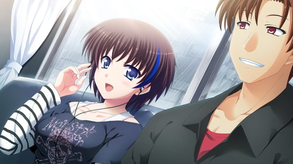 Anime picture 2560x1440 with atled everlasting song blush highres short hair open mouth blue eyes black hair red eyes wide image game cg girl boy headphones