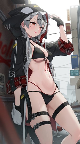Anime picture 1080x1920 with virtual youtuber hololive sakamata chloe bowsan single long hair tall image fringe breasts light erotic red eyes standing looking away sky cleavage outdoors grey hair open jacket piercing underboob