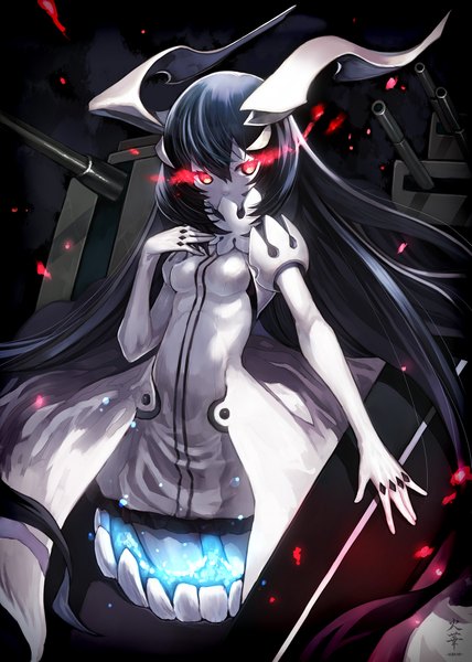 Anime picture 1488x2088 with kantai collection anchorage oni capriccio single tall image looking at viewer fringe black hair red eyes very long hair night short sleeves glowing dark background glowing eye (eyes) covered mouth white skin shinkaisei-kan girl dress