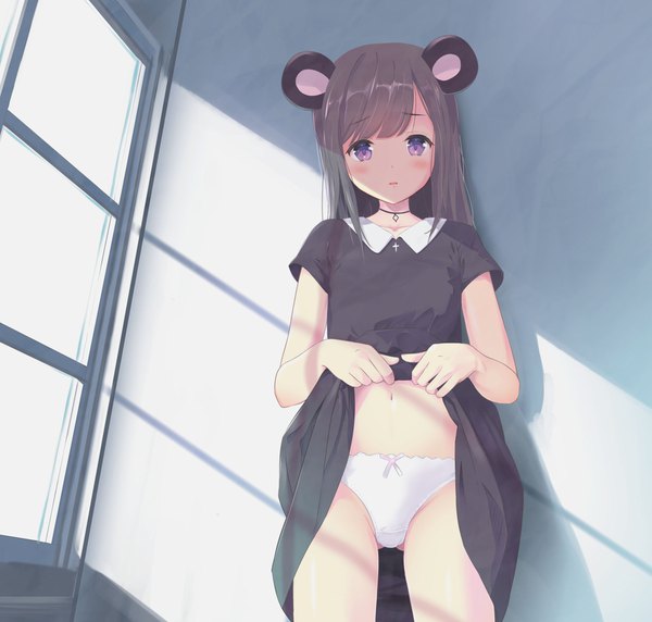 Anime picture 1822x1740 with original houmitsu single long hair looking at viewer blush fringe highres light erotic standing purple eyes animal ears indoors blunt bangs parted lips grey hair short sleeves ass visible through thighs shaded face dress lift