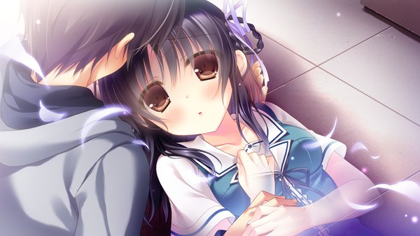 Anime picture 1024x576 with kimi e okuru, sora no hana kitao sekka yukie (peach candy) long hair blush black hair wide image brown eyes game cg girl boy uniform ribbon (ribbons) hair ribbon school uniform