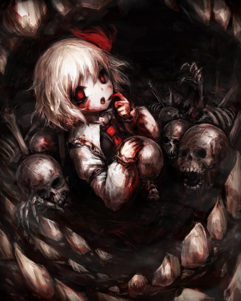 Anime picture 1000x1250 with touhou rumia spark621 single tall image looking at viewer fringe short hair open mouth hair between eyes red eyes upper body white hair long sleeves partially submerged finger to mouth blood on face skeleton bloody clothes bone (bones)