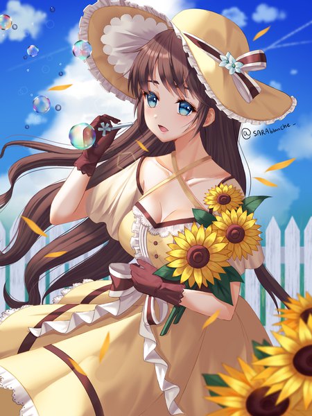 Anime picture 3000x4000 with original eunji0093 single long hair tall image looking at viewer blush fringe highres breasts open mouth blue eyes brown hair standing holding signed sky cleavage cloud (clouds) outdoors