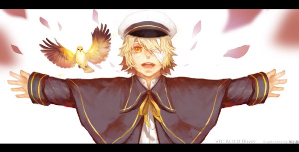 Anime picture 4252x2172 with vocaloid oliver james (vocaloid) shouka single fringe highres short hair open mouth blonde hair wide image absurdres hair over one eye orange eyes letterboxed spread arms flying bandage over one eye boy animal