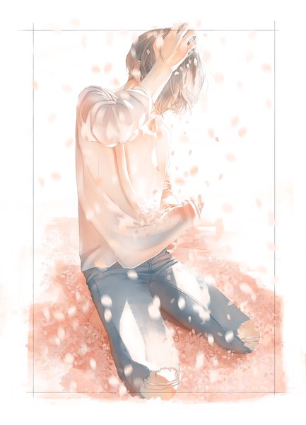 Anime picture 732x1013 with original re (artist) single tall image short hair simple background white background sitting holding brown eyes full body barefoot kneeling torn clothes hand on head adjusting clothes boy petals jeans torn jeans