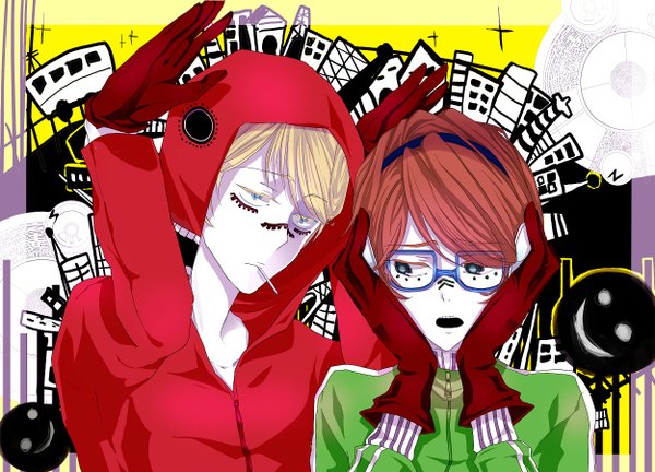 Anime picture 1250x900 with katekyou hitman reborn vocaloid matryoshka (vocaloid) irie shouichi spanner tagme (artist) open mouth blue eyes blonde hair red hair tattoo mouth hold city cosplay parody boy gloves glasses headphones hood