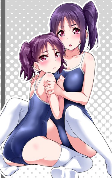 Anime picture 773x1227 with love live! sunshine!! sunrise (studio) love live! kazuno sarah kazuno leah yopparai oni tall image looking at viewer blush fringe short hair breasts open mouth light erotic hair between eyes sitting twintails bare shoulders multiple girls payot