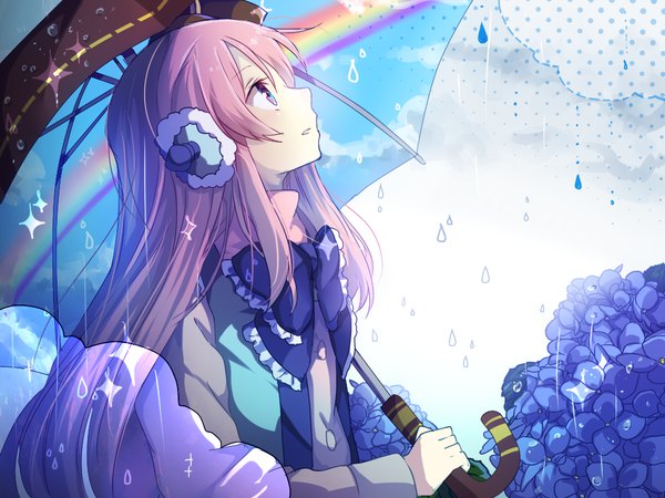Anime picture 1024x768 with original matryoshka (borscht) single long hair blush holding pink hair sky cloud (clouds) upper body parted lips profile pink eyes looking up rain abstract sky print girl flower (flowers) bow